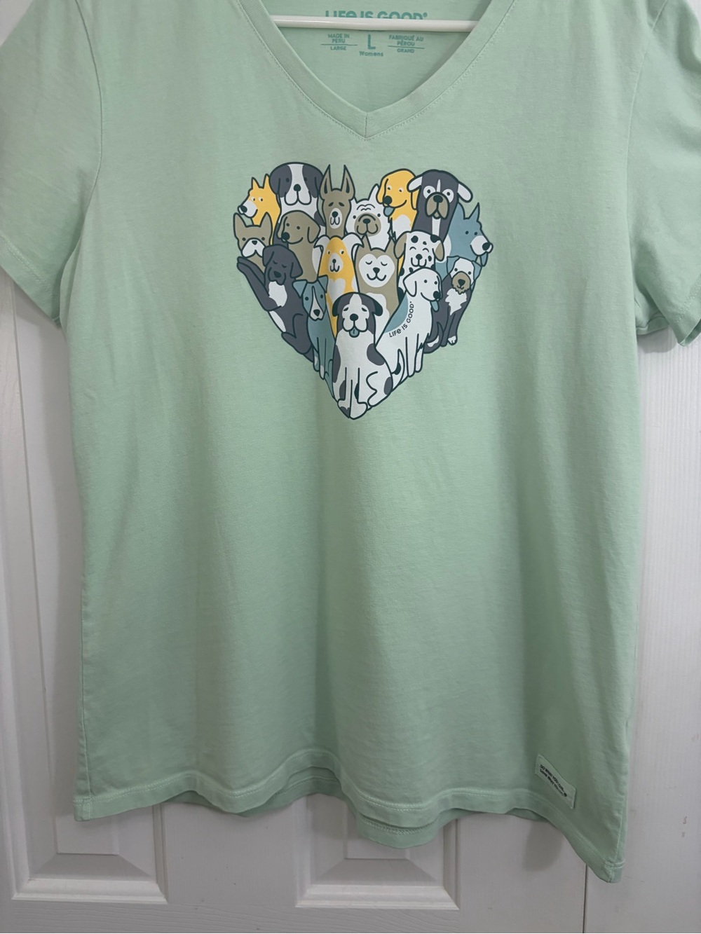 Life Is Good Mint Green V-Neck Tee with Heart Puppy Graphic - Picture 3 of 15